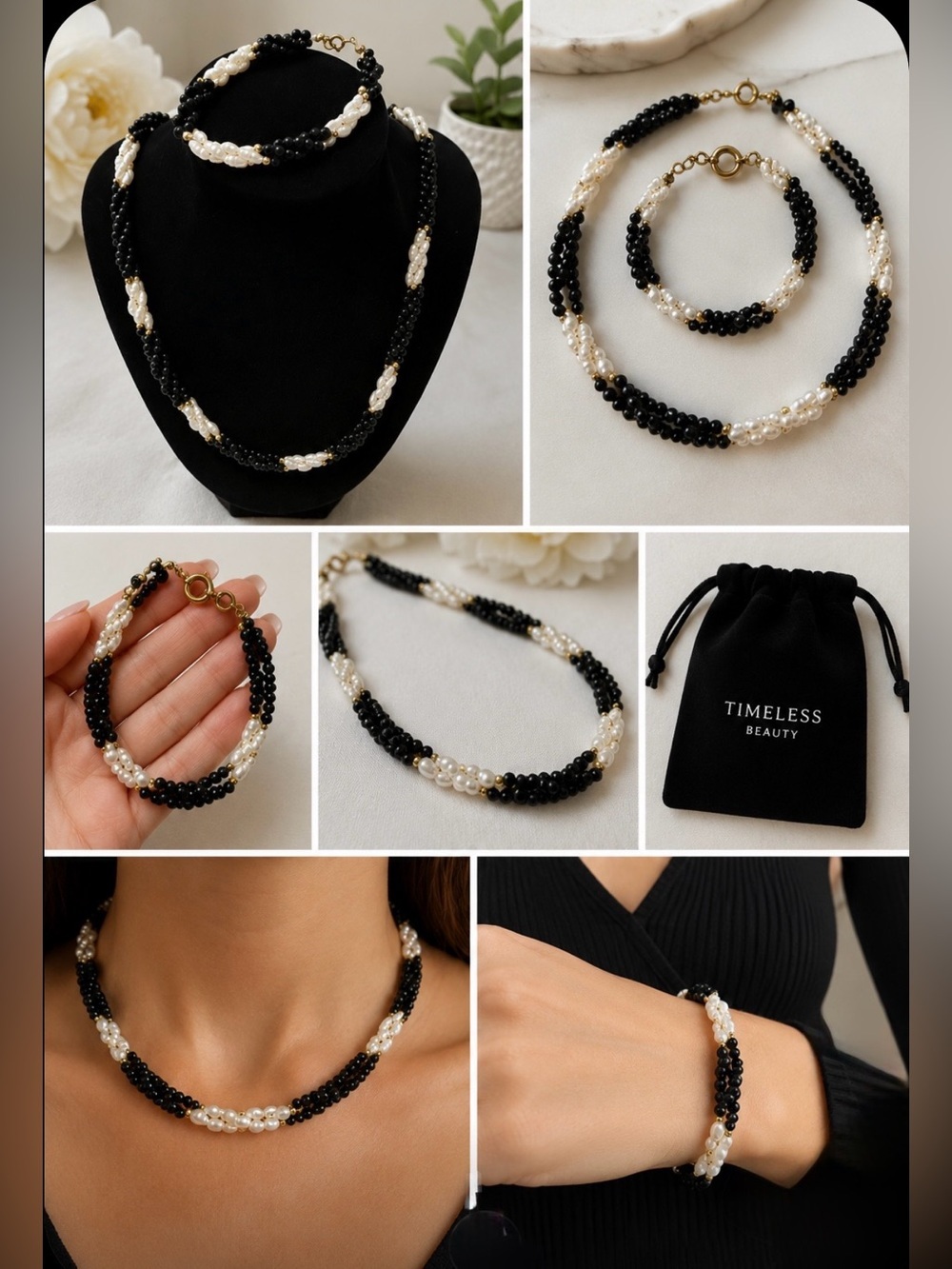 Necklace and Bracelet with White Freshwater Pearls and Black Onyx